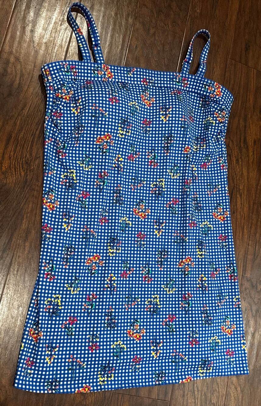 Lands End Bandeau Dresskini Swimsuit Top Sz 14 Blue Floral Gingham Swim Plus